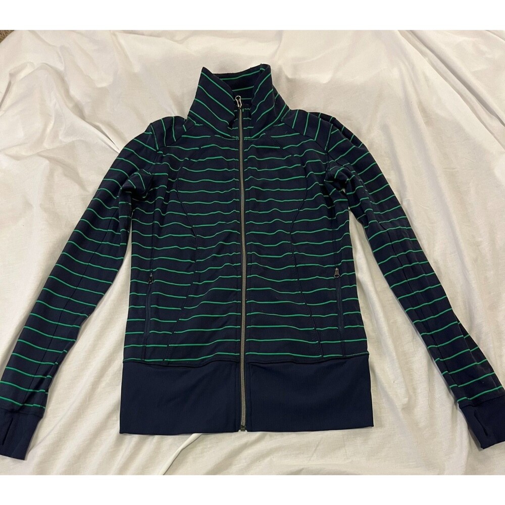 Lululemon Asana Full Zip Jacket Women’s Size 14 Navy Green Stripe Stretch